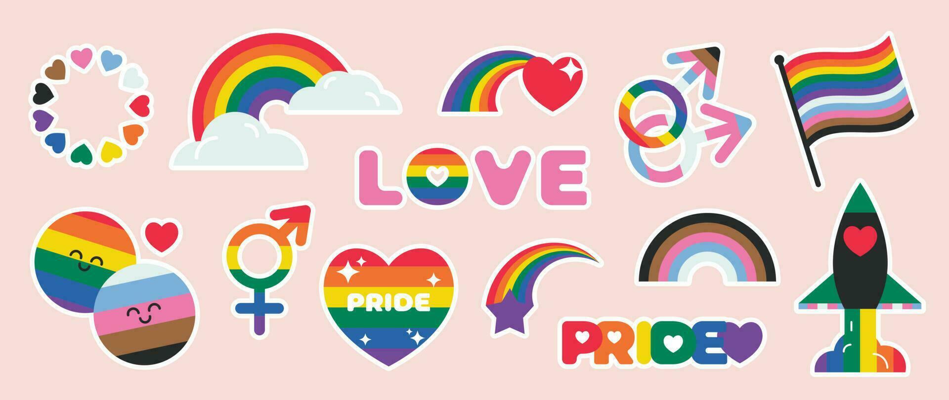 Lycklig stolthet lgbtq element uppsättning. lgbtq gemenskap symboler med regnbåge flagga, raket, hjärta. element illustrerade för stolthet månad, bisexuell, transpersoner, kön jämlikhet, klistermärke, rättigheter begrepp. vektor