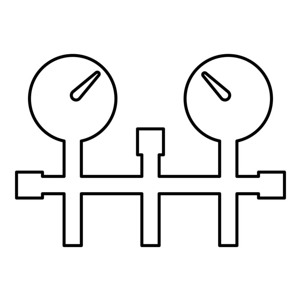 Druck Spur und Rohre Manometer Meter Vakuum Heizung Gas Wasser Öl Pumpe messen Gerät System Kontur Gliederung Linie Symbol schwarz Farbe Vektor Illustration Bild dünn eben Stil