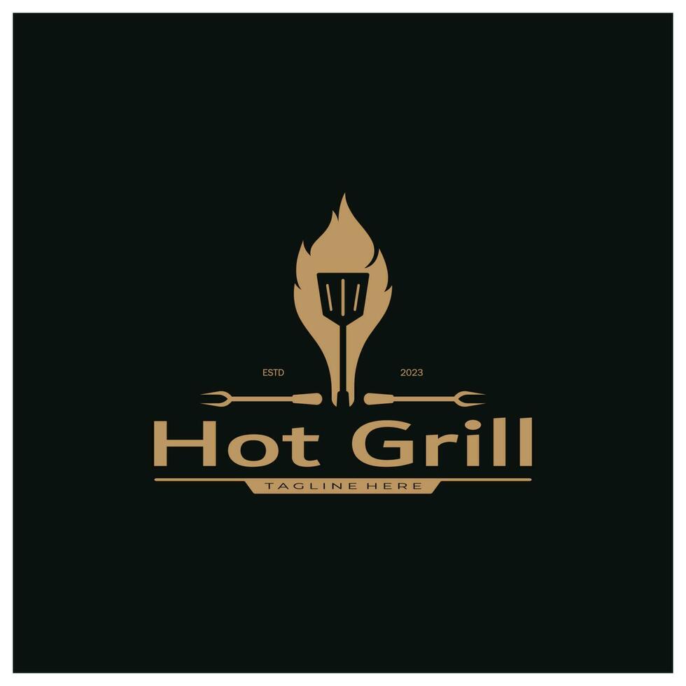 einfach Grill Jahrgang heiß Grill, mit gekreuzt Flammen und Spatel. Logo zum Restaurant, Abzeichen, Cafe und bar.vektor vektor