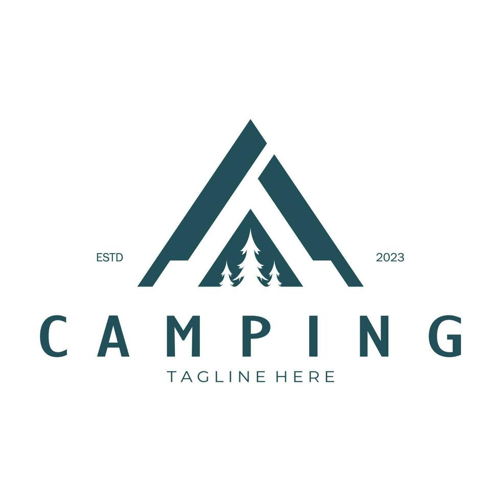 årgång och retro tält logotyp, camping. med tält, träd och bål tecken. äventyrare, scouter, klättrare, camping Utrustning Centrum vektor