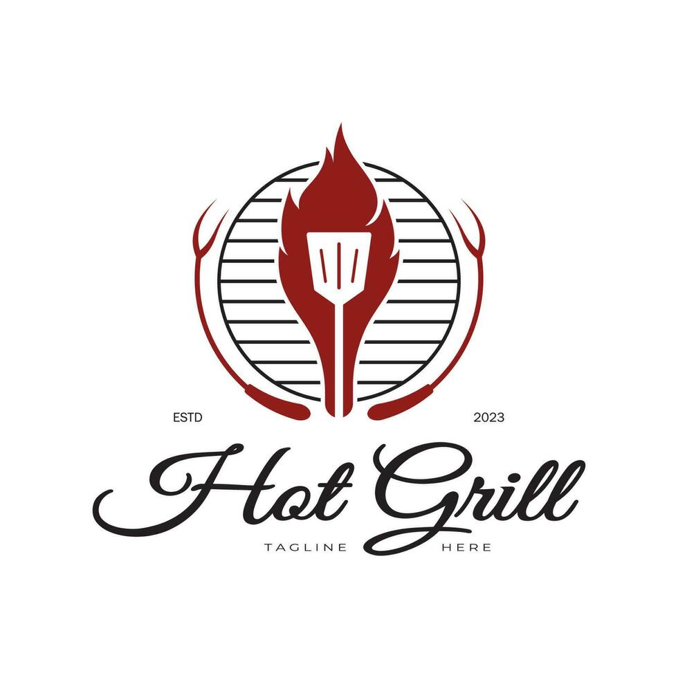 enkel utegrill årgång varm grill, med korsade lågor och spatel. logotyp för restaurang, bricka, Kafé och bar.vector vektor