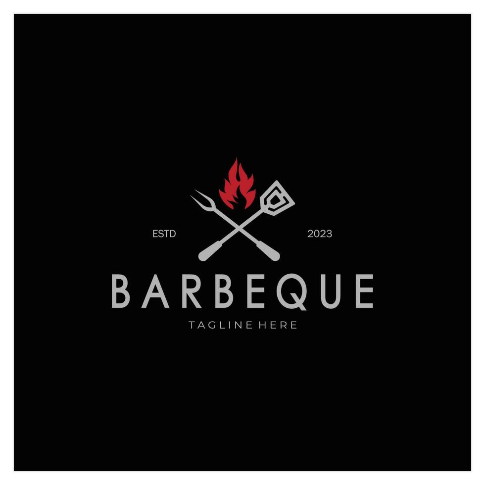 rök och bbq utegrill årgång varm grill, med korsade lågor och spatel. logotyp för restaurang, bricka, Kafé och bar.vector vektor
