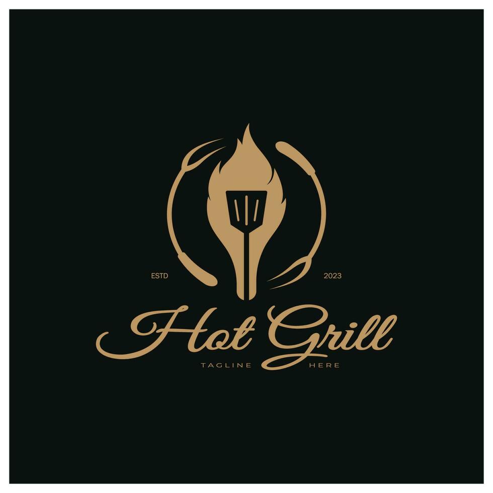 einfach Grill Jahrgang heiß Grill, mit gekreuzt Flammen und Spatel. Logo zum Restaurant, Abzeichen, Cafe und bar.vektor vektor