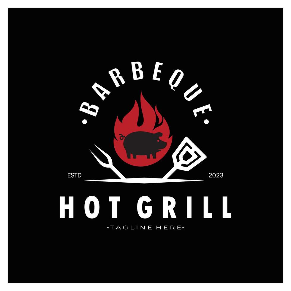 rök och bbq utegrill årgång varm grill, med korsade lågor och spatel. logotyp för restaurang, bricka, Kafé och bar.vector vektor