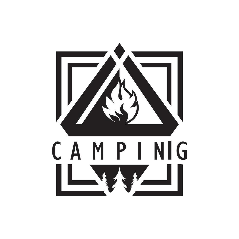årgång och retro tält logotyp, camping. med tält, träd och bål tecken. äventyrare, scouter, klättrare, camping Utrustning Centrum vektor