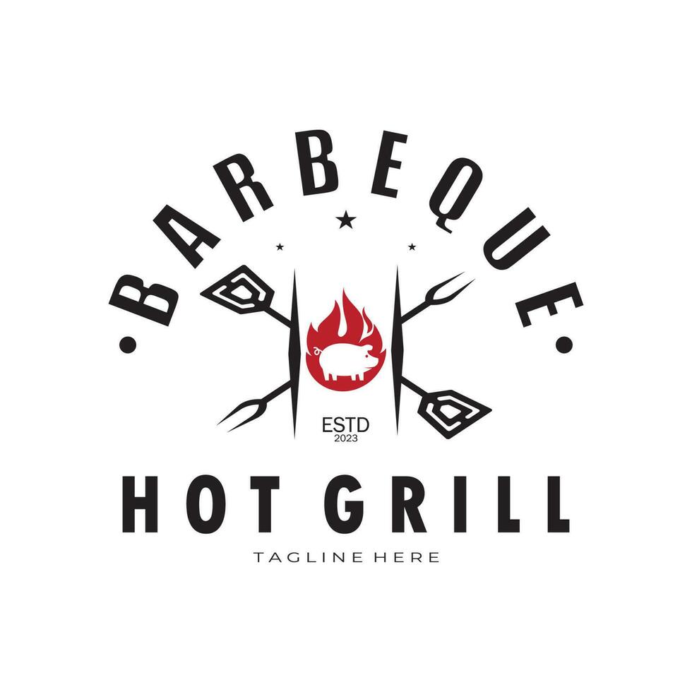 rök och bbq utegrill årgång varm grill, med korsade lågor och spatel. logotyp för restaurang, bricka, Kafé och bar.vector vektor