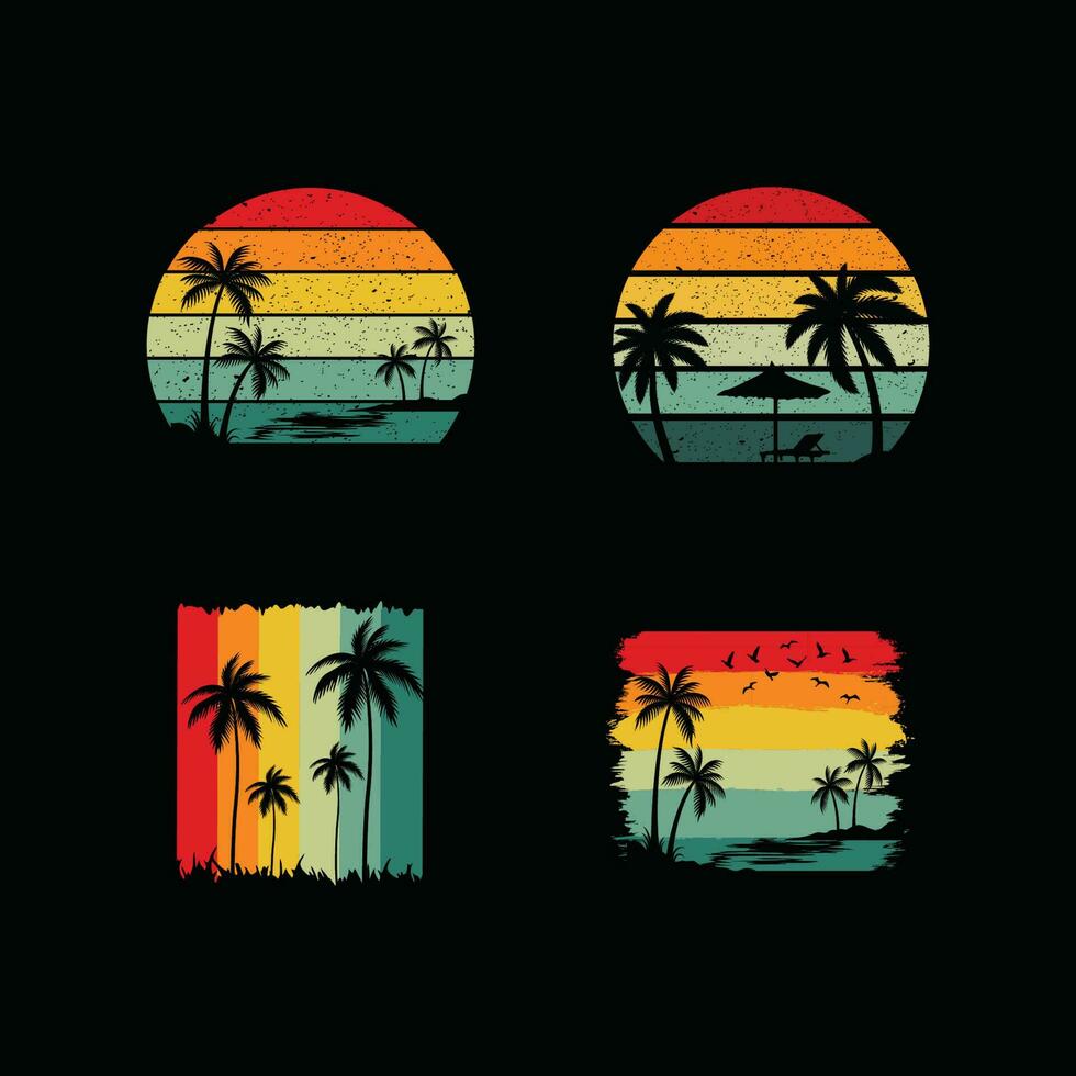 årgång retro solnedgång sommar strand t-shirt design för sommar vibrafon endast, kalifornien strand njut av sommar med handflatan träd, deckchair paraply t-shirt design redo mall grafik vektor illustration