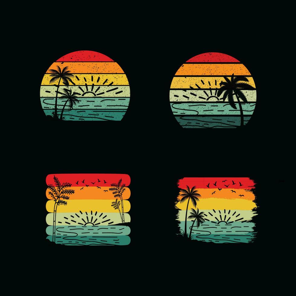 Jahrgang retro Sonnenuntergang Sommer- Strand T-Shirt Design zum Sommer- Stimmung nur, Kalifornien Strand genießen Sommer- mit Palme Bäume, Liegestuhl Regenschirm T-Shirt Design bereit Vorlage Grafik Vektor Illustration