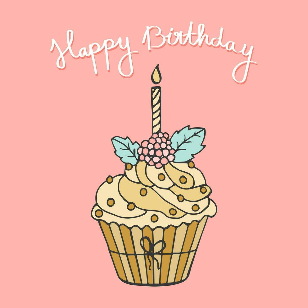 Lycklig födelsedag text och hand dragen cupcake. hälsning kort, affisch, typografisk design, skriva ut. illustration, vektor