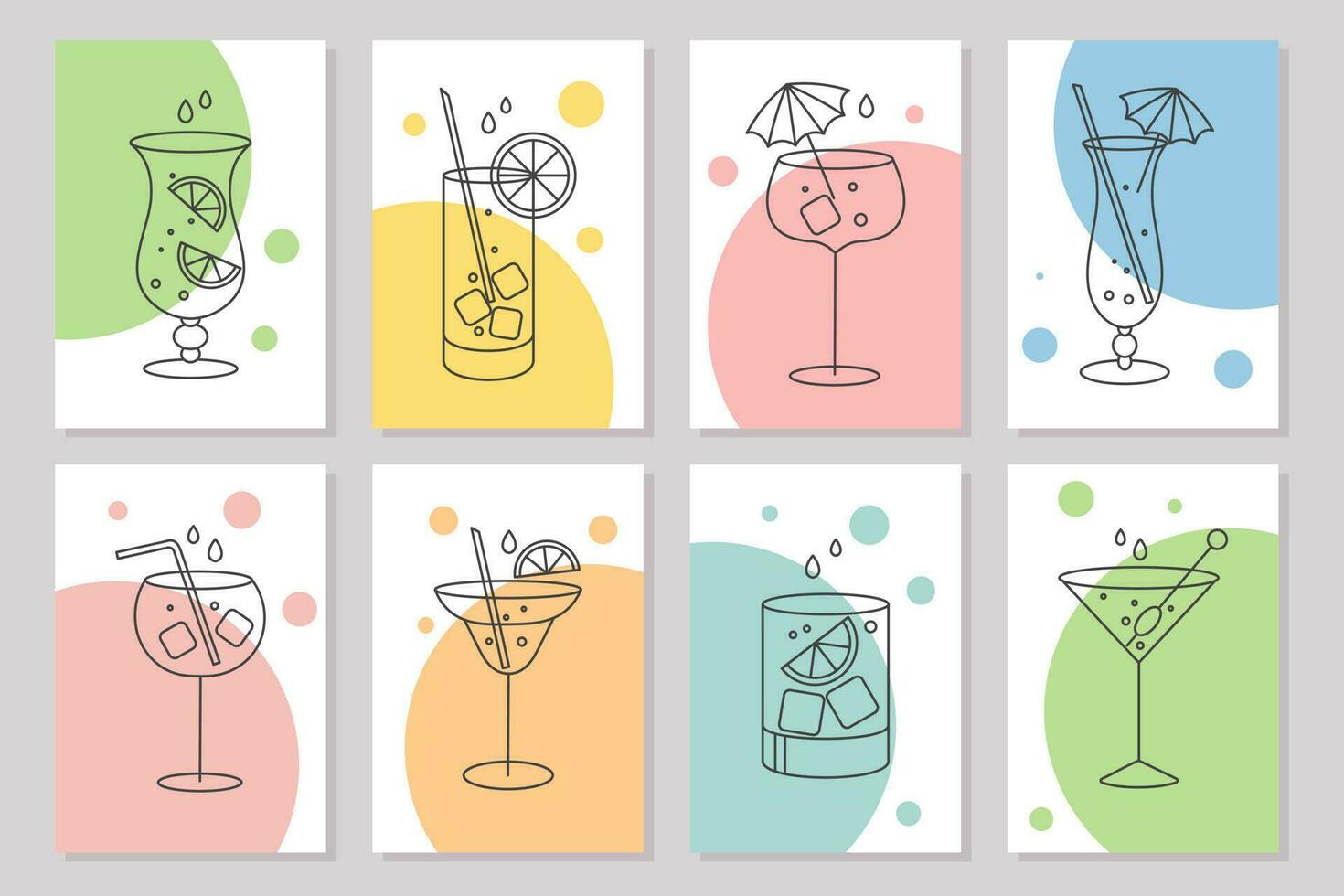 ein einstellen von Plakate mit erfrischend Obst Cocktails mit verschiedene Getränke, Eis Würfel, Strohhalme und Regenschirme. trinken Symbole, Cafe Speisekarte, Vektor