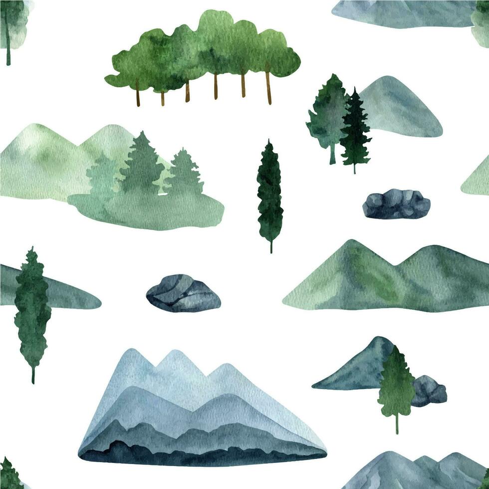 hand dragen vattenfärg blå och grön bergen och vintergröna träd sömlös mönster vektor
