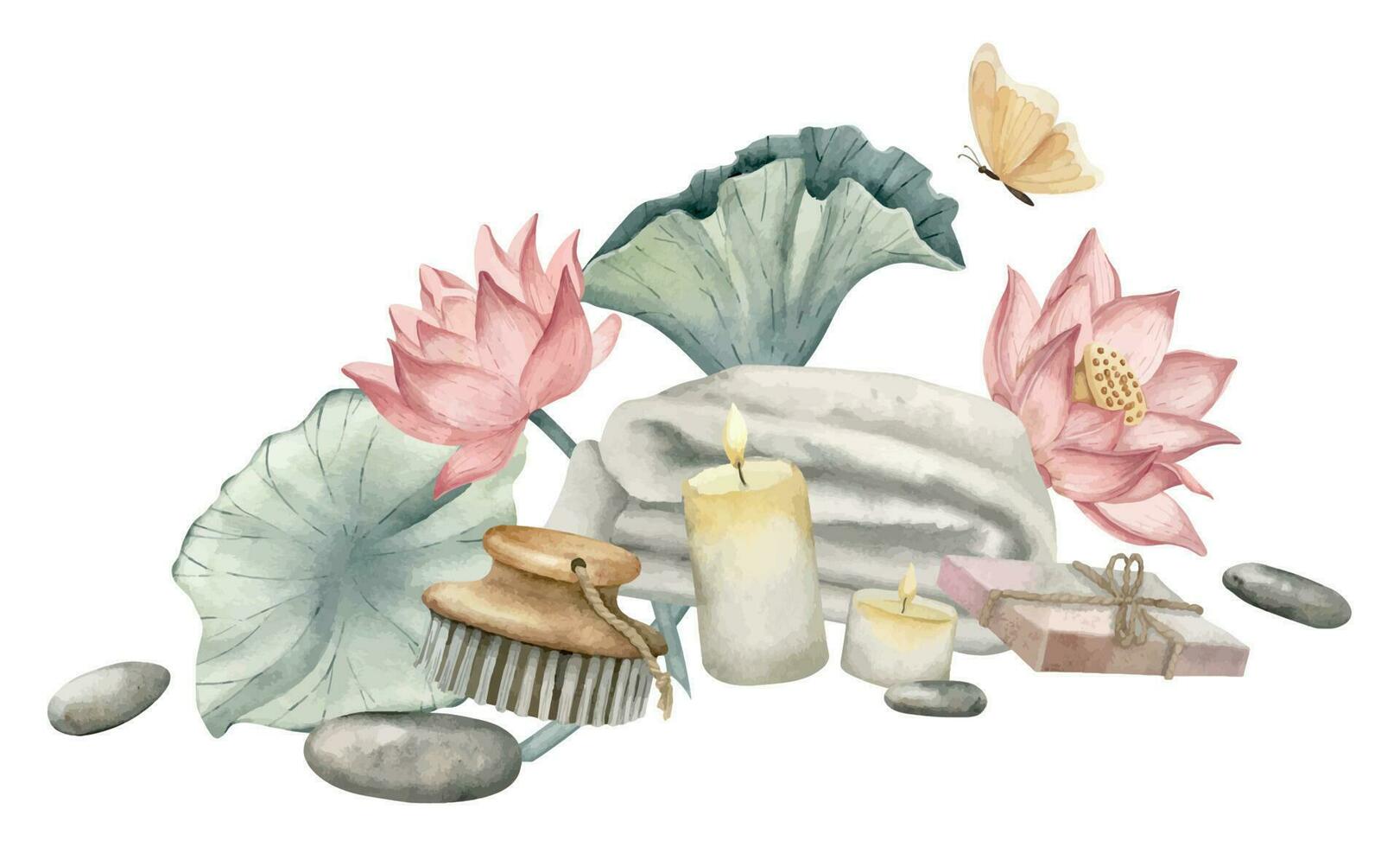 kropp vård Produkter och lotus blommor på vit isolerat bakgrund. hand dragen vattenfärg illustration av spa kosmetika med handduk och massage borsta för ikon eller logotyp. teckning av hudvård sammansättning vektor