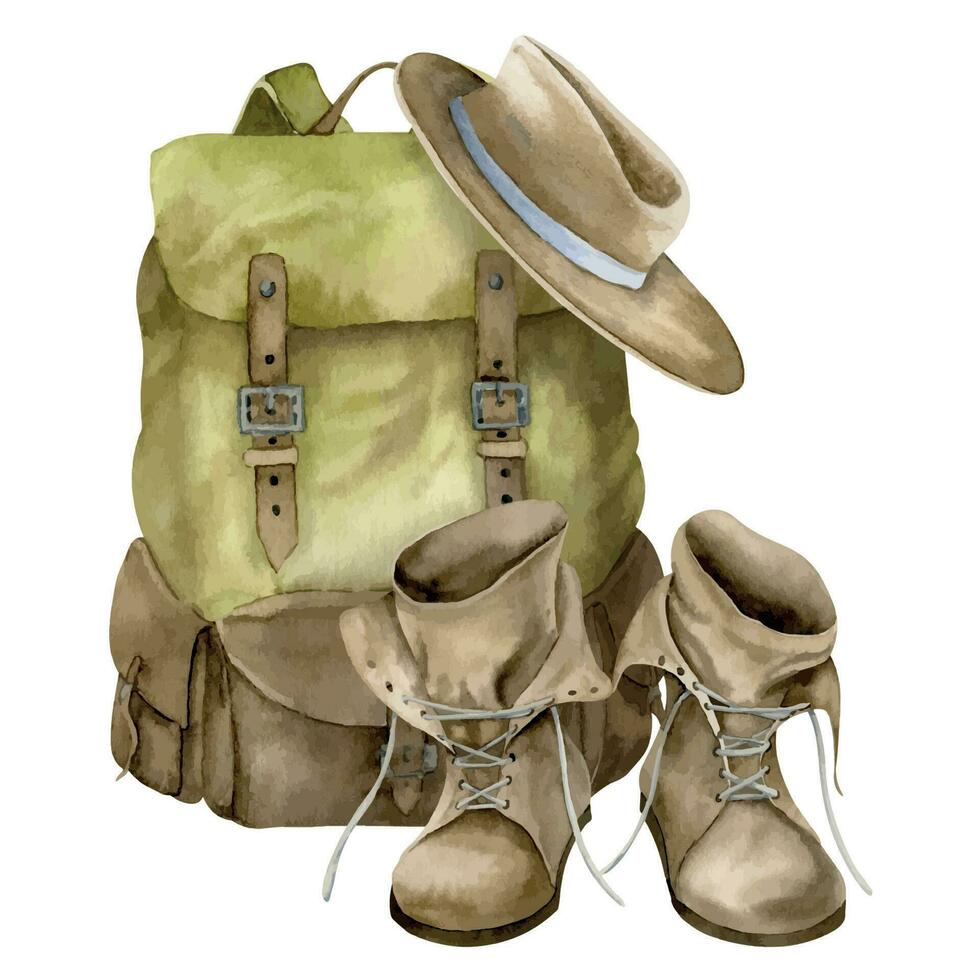 årgång ryggsäck med hatt och seg gammal retro stövlar. hand dragen vattenfärg illustration av resa Utrustning på vit isolerat bakgrund för äventyr och turism. teckning av väska för vandring vektor