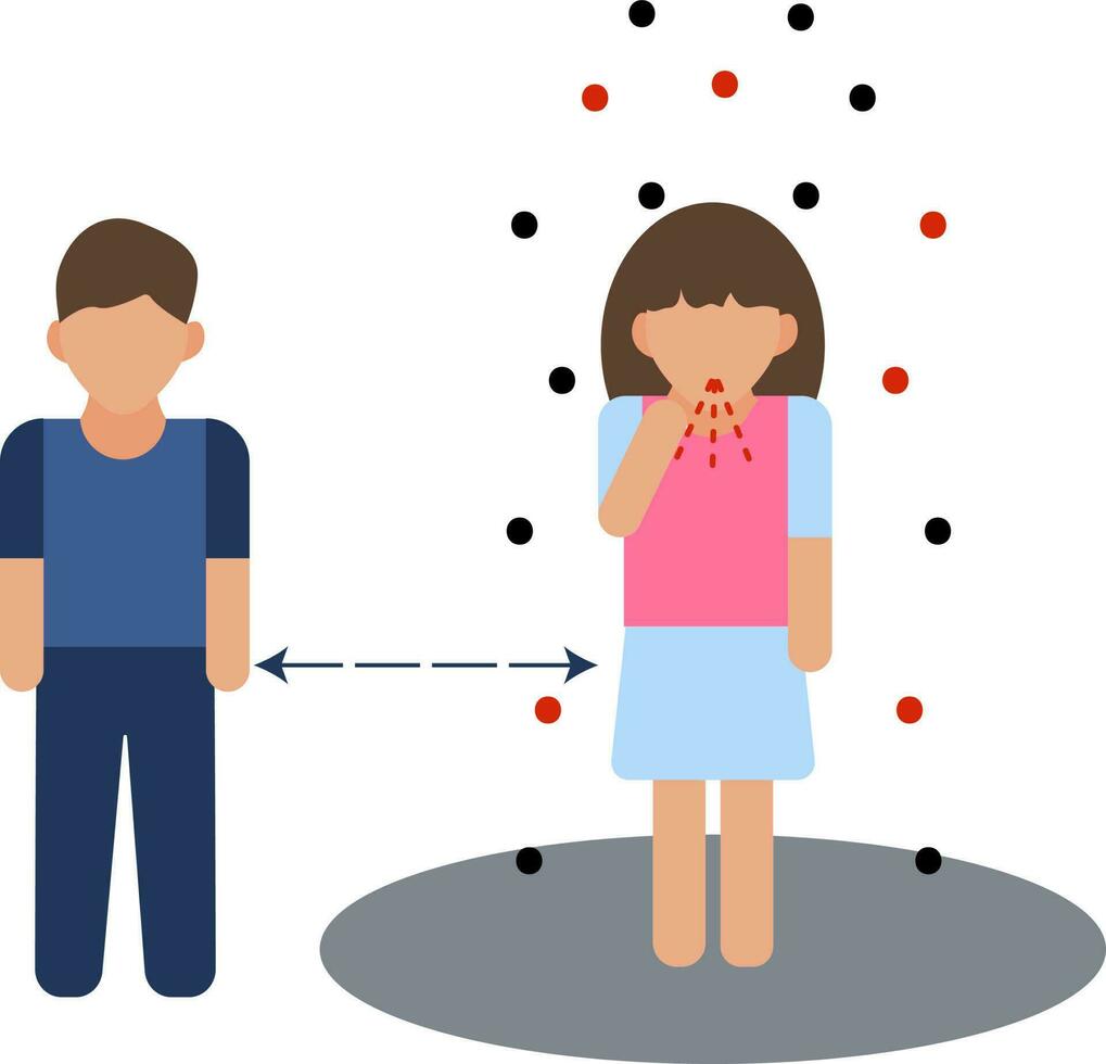 eben Stil Mann Stehen mit Entfernung zu Niesen oder Husten Frau Symbol zum Virus Schutz. vektor