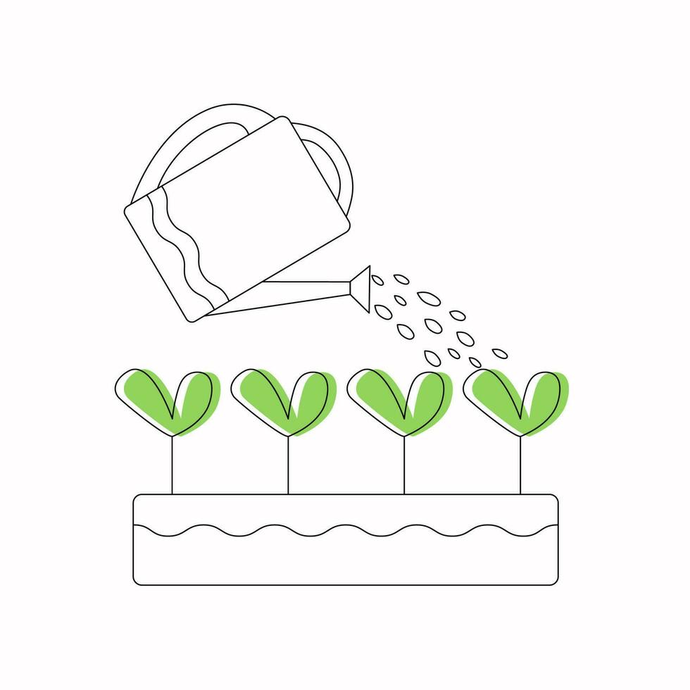 ein Bewässerung dürfen, Wasser und ein Box mit Sämlinge, Sprossen. Pflege von das Pflanzen. Bewässerung, Arbeit im das Garten. Vektor Illustration.