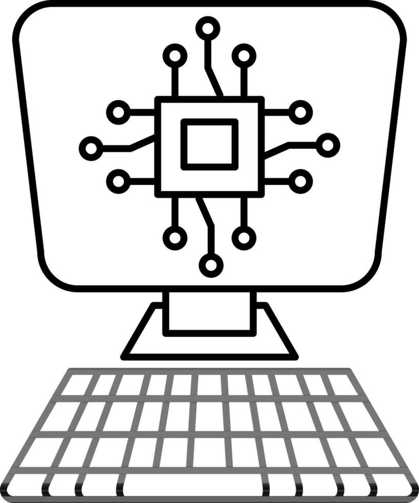 svart linje konst illustration av mikrochip i dator skärm och tangentbord ikon. vektor