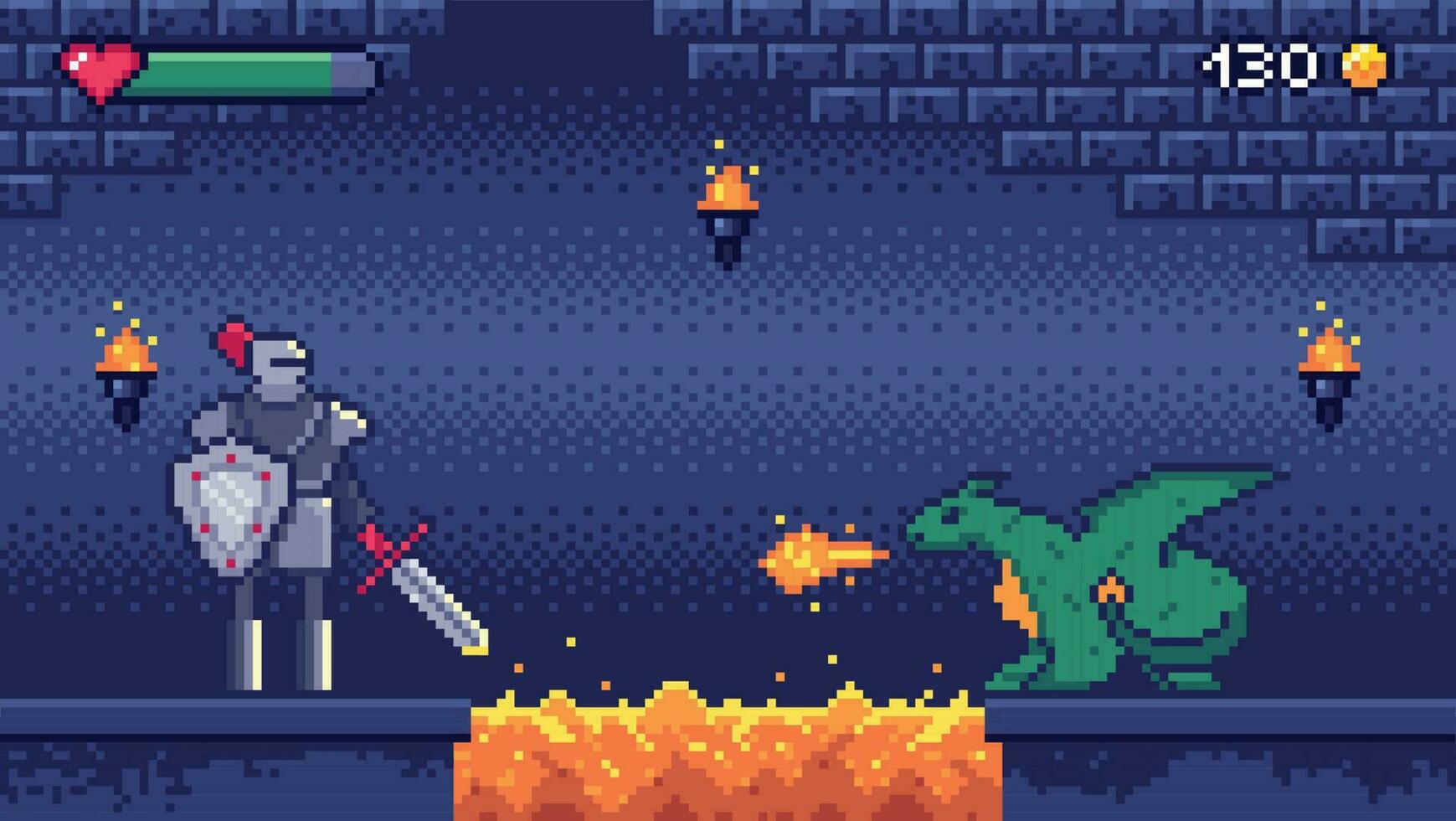 pixel konst spel nivå. hjälte krigare kämpar 8 bit drake, pixlar video spel nivåer scen landskap och retro gaming vektor illustration