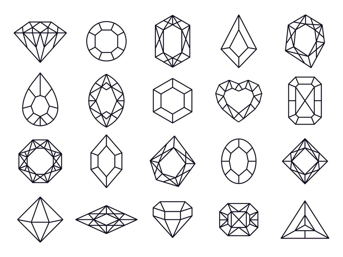 Juwelen Diamant Symbole. Diamanten Edelsteine, Luxus Juwel Edelsteine und kostbar Juwel isoliert Vektor Linie Symbol einstellen