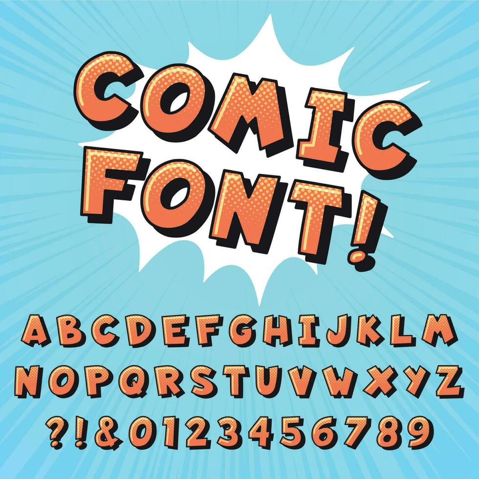 retro Comic Buch Schriftart. Super Held Comics Briefe, Jahrgang Karikatur Helden Schriftarten und Pop Kunst Comics Alphabet Vektor Illustration