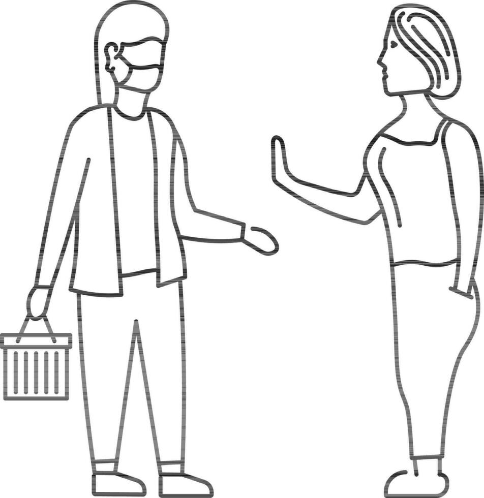 jung Damen mit Einkaufen Tasche und halt Hand Punkt Symbol zum Sozial Distanz. vektor