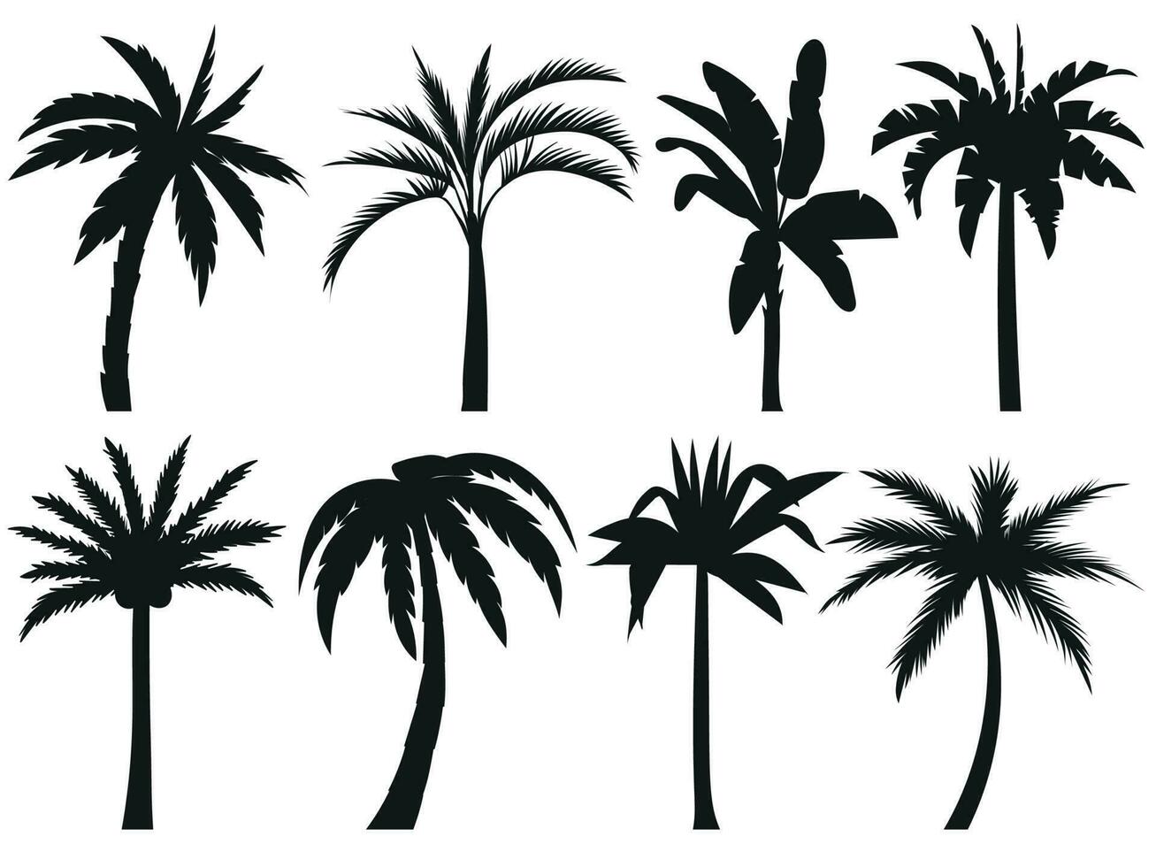 handflatan träd silhuetter. tropisk löv, retro palmer träd och årgång silhuetter vektor illustration uppsättning