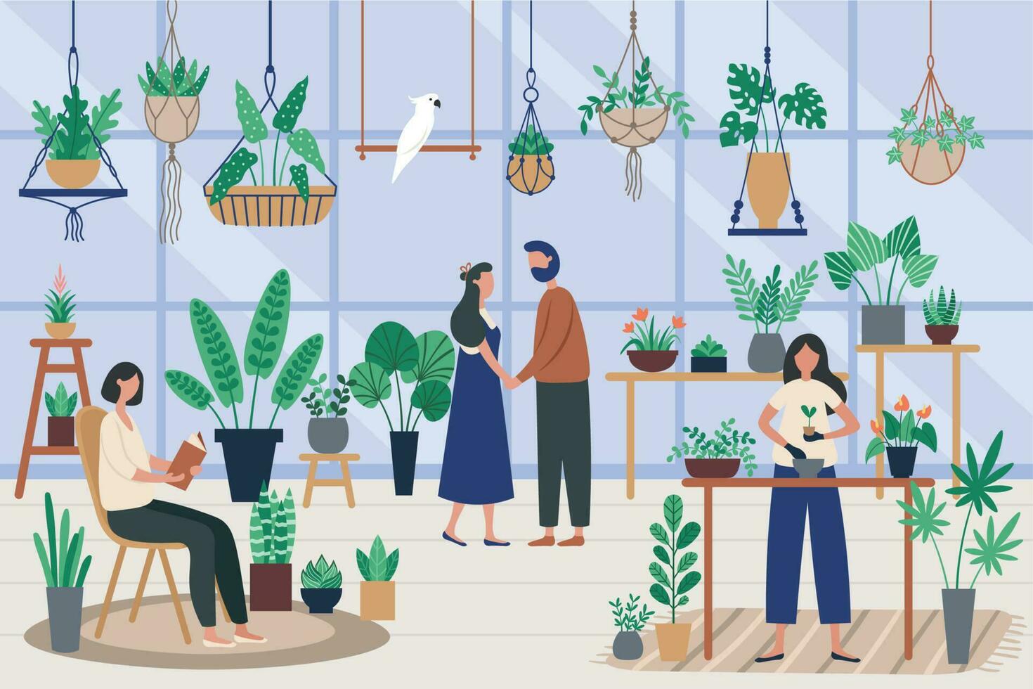 botaniker växthus. plantering krukväxt, växa växter och planter hobby. vänner utgifterna tid på orangeri vektor illustration