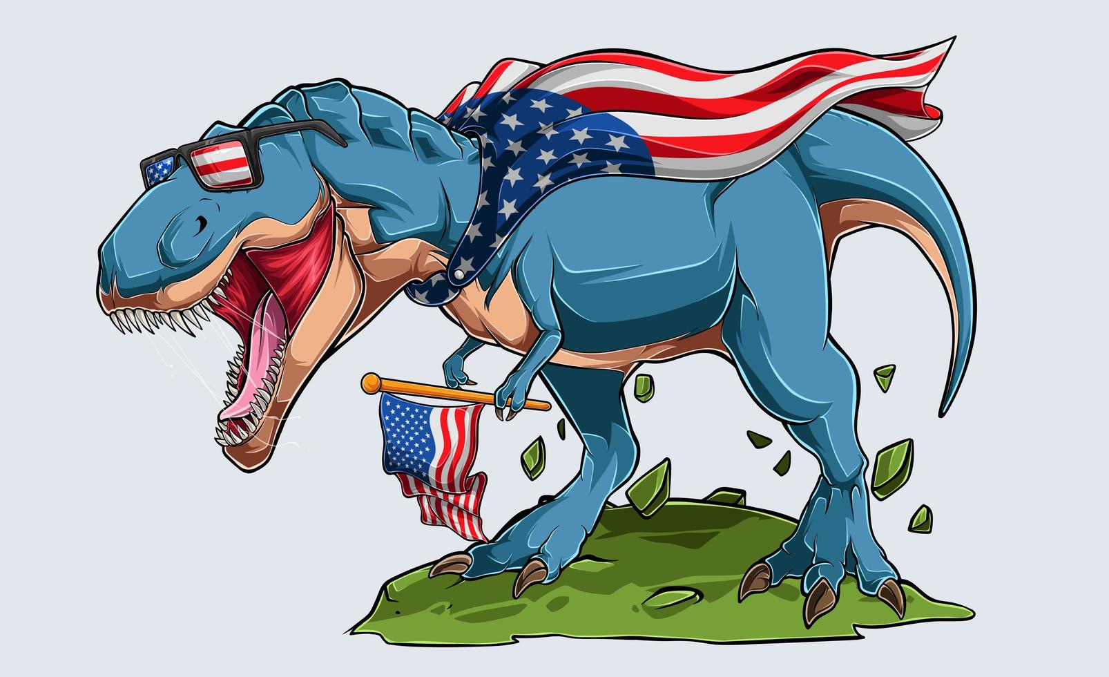 blau wütend t rex Dinosaurier mit amerikanischer Flagge und USA Sonnenbrille Unabhängigkeitstag 4. Juli und Gedenktag vektor