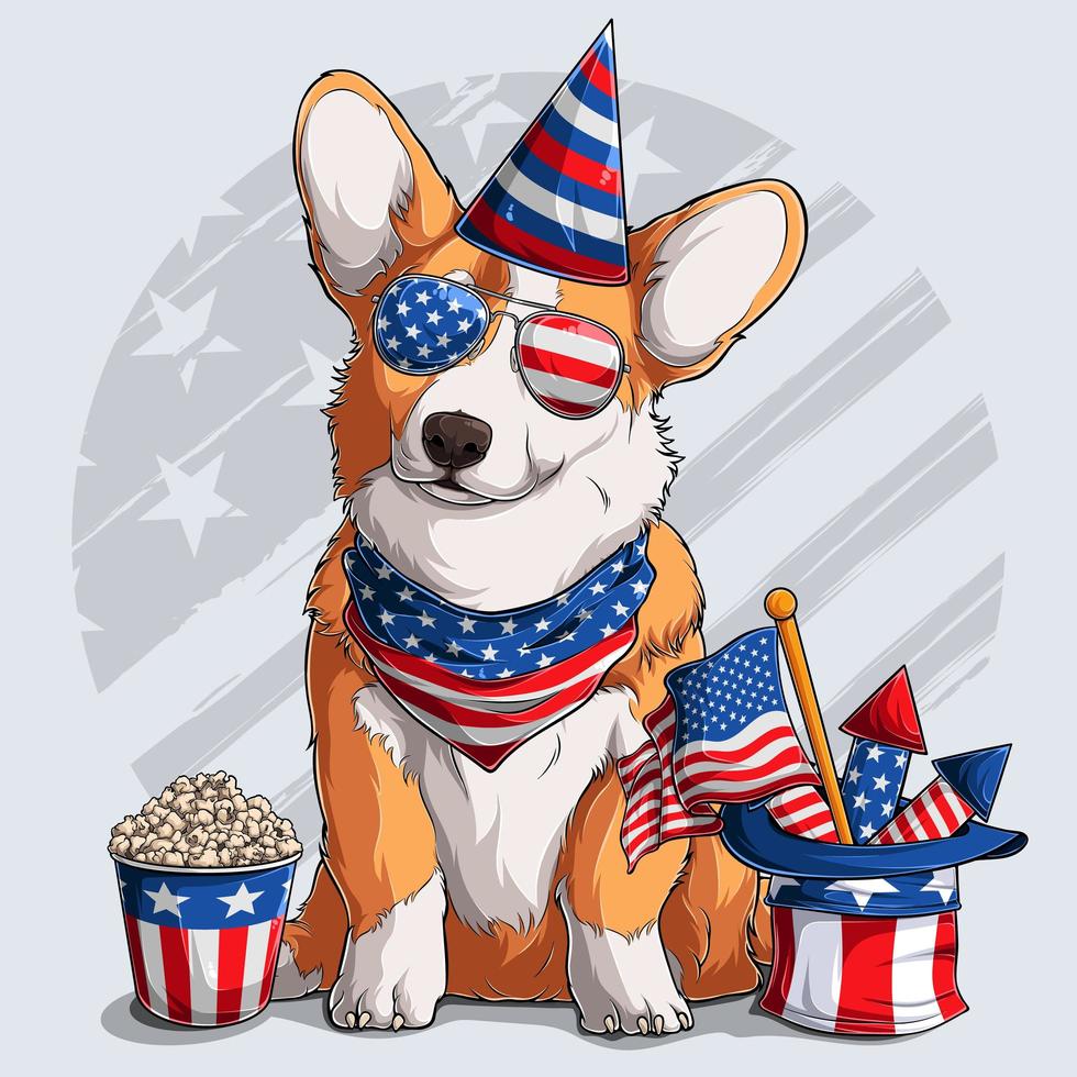 niedlicher walisischer Corgi flauschiger pembroke Hund, der mit amerikanischen Unabhängigkeitstagelementen 4. Juli und Gedenktag sitzt vektor