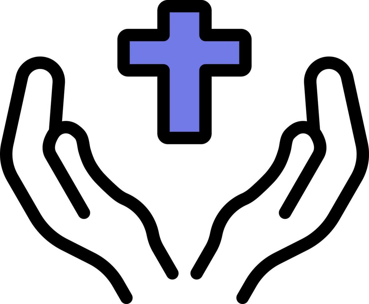 bön- händer med korsa ikon i blå och vit Färg. vektor