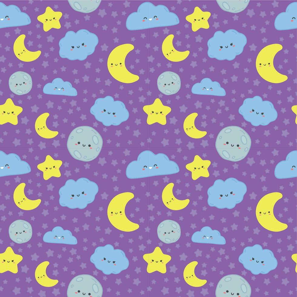 Nacht Himmel nahtlos Muster. süß Mond mit Schlaf Gesicht, Wolken und Sterne Kinder Stoff Drucken Vektor Karikatur Illustration