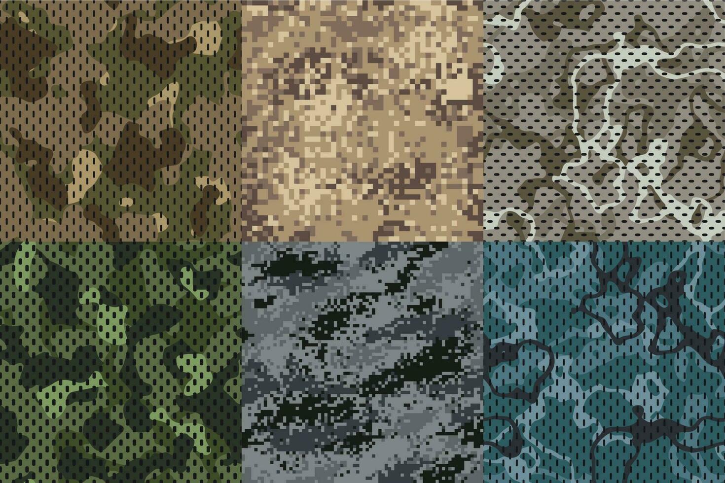 kamouflage kaki textur. armén tyg sömlös skog och sand camo nät mönster vektor texturer uppsättning