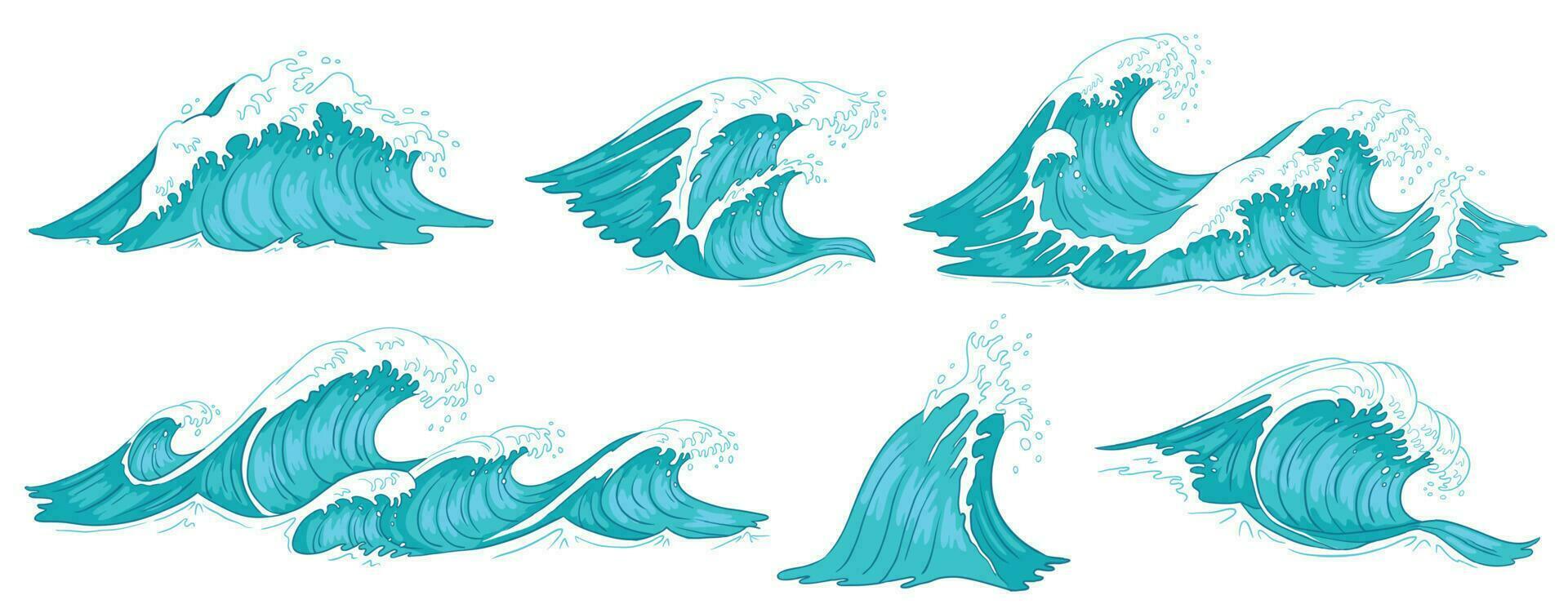 Meer Welle. Jahrgang Ozean Wellen, Blau Wasser Tide und Gezeiten Welle Hand gezeichnet Vektor Illustration einstellen