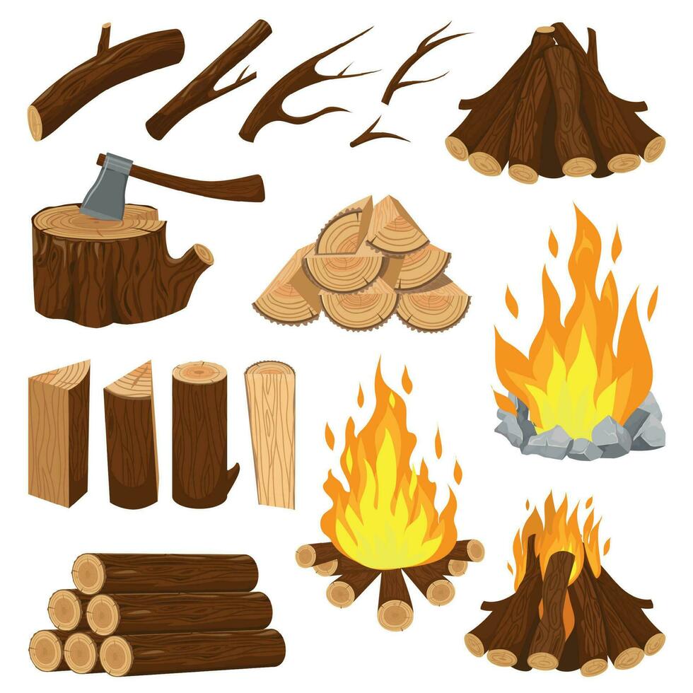 Brennholz Bretter. Kamin Feuer Holz, Verbrennung hölzern Stapel und lodernd Lagerfeuer. Lagerfeuer Protokollierung Stapel Karikatur Vektor Illustration