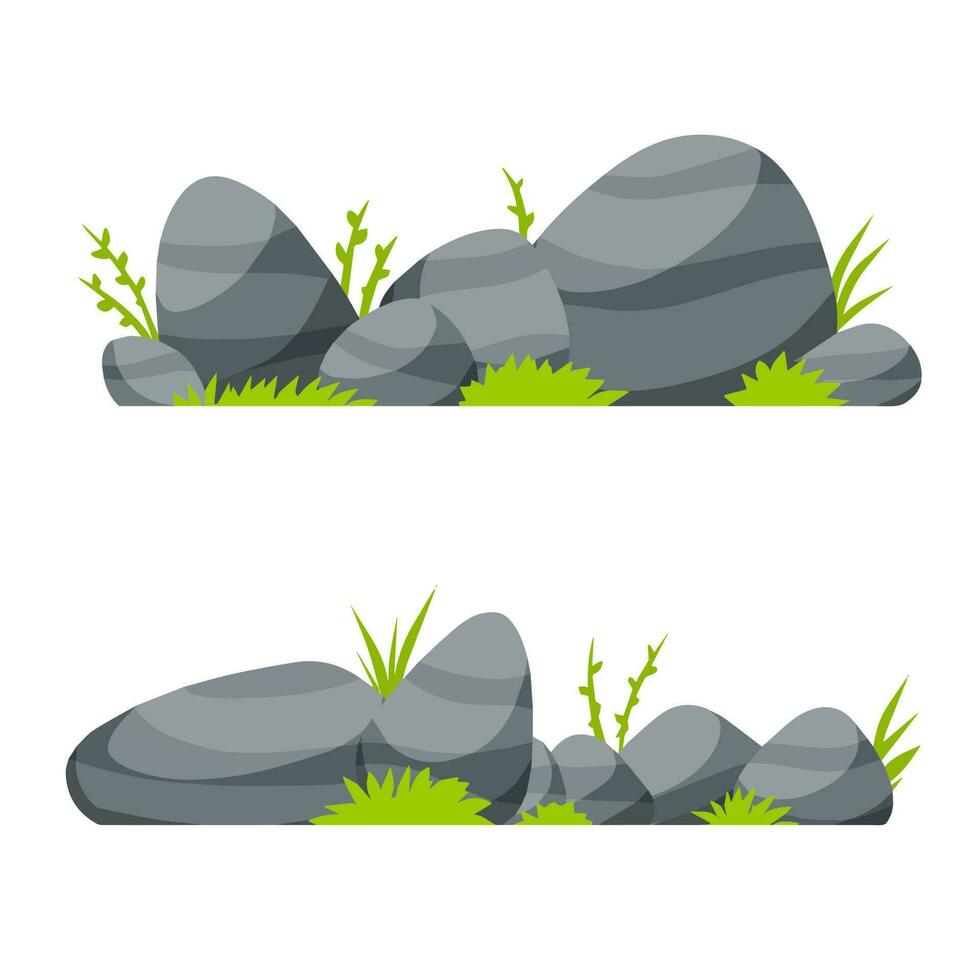 Reihe von Steinen. Landschaft aus Natur, Wäldern und Bergen. Trümmerhaufen. flache karikaturillustration. dekoratives Element. Gras und Grünpflanzen vektor