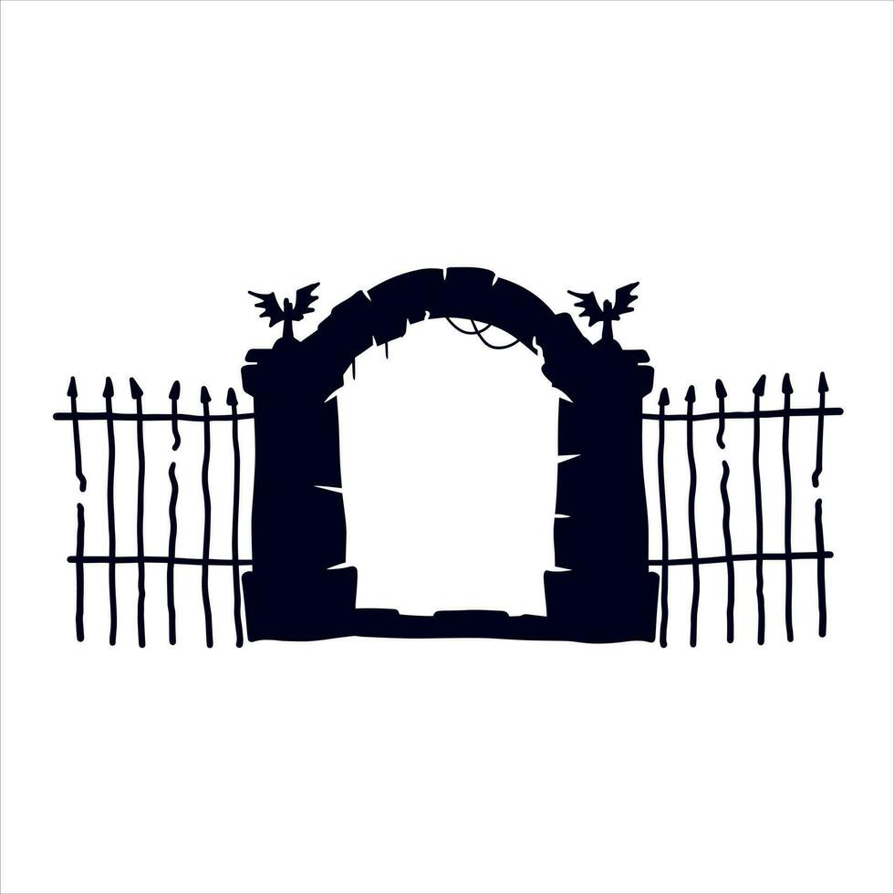 alt Zaun von Friedhof. Halloween Dekoration. schwarz Silhouette von düster Mauer. eben Illustration isoliert auf Weiß vektor