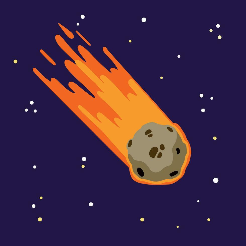 fliegend Asteroid, Verbrennung Komet auf Hintergrund von Nacht Himmel. gefährlich Raum Objekt. astronomisch Objekt mit Schwanz Vektor Design Illustration
