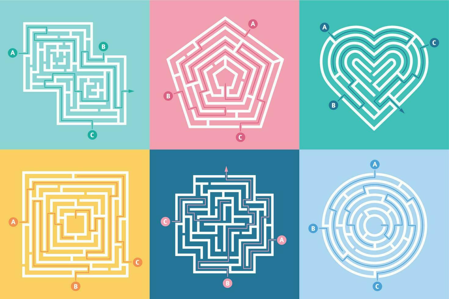labyrint ingång. hitta rätt sätt, barn labyrint spel och val labyrinter ingångar brev vektor illustration uppsättning