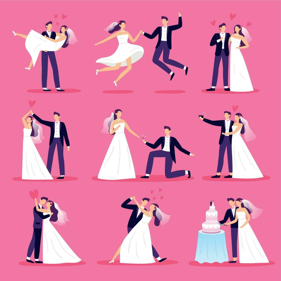 äktenskap par. bara gift par, bröllop dans och bröllop firande. nygifta brud och brudgum vektor illustration uppsättning