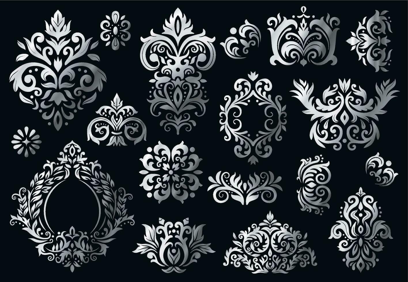 årgång barock prydnad. utsmyckad blommig kvistar mönster, lyx damast- ornament och victorian twill damaster mönster vektor uppsättning