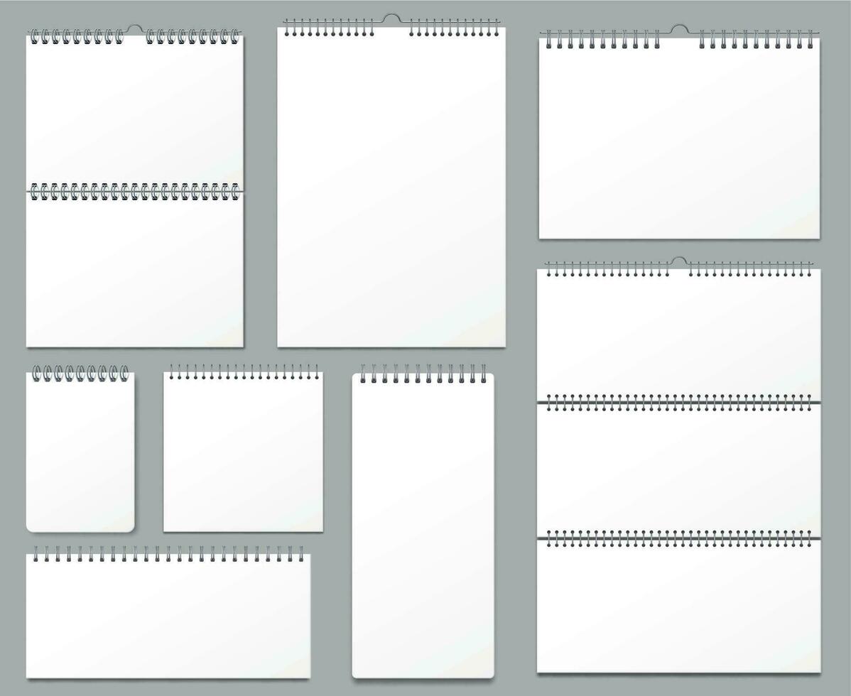 Kalender Attrappe, Lehrmodell, Simulation. Mauer Kalender gebunden auf Metall Spiral, hängend Anmerkungen Seite und Notizbuch Seiten 3d realistisch Vektor Illustration einstellen