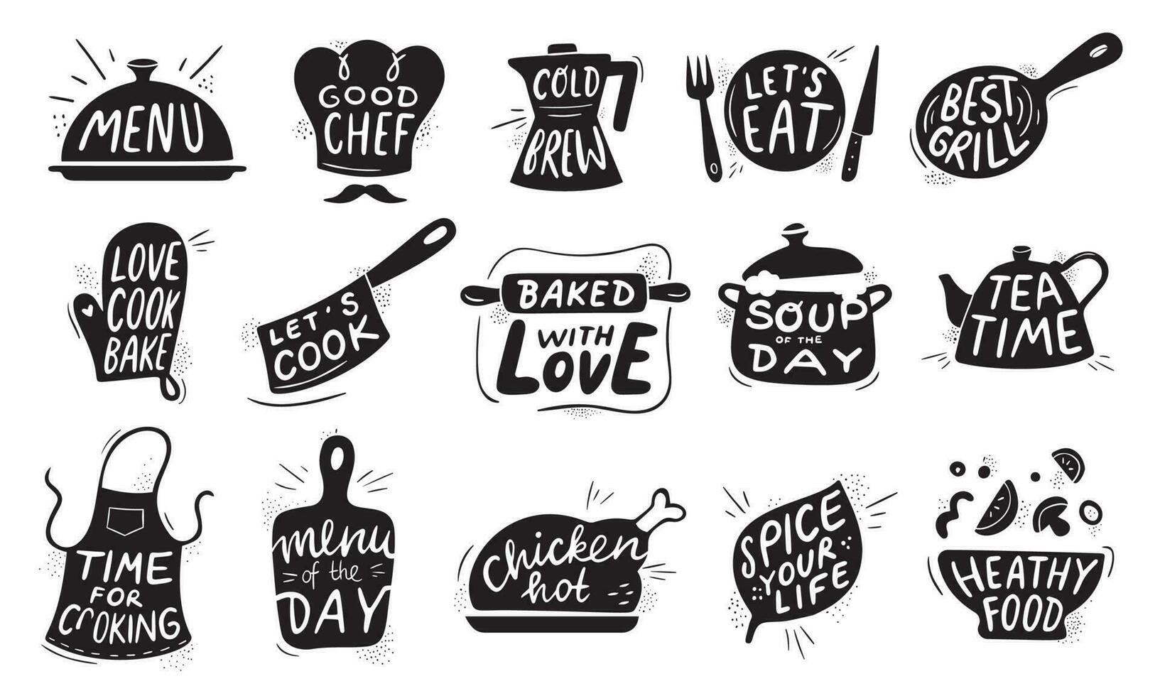 kök mat text. gourmet matlagning livsmedel bricka, kyckling recept laga mat och restaurang meny bokstäver vektor illustration uppsättning