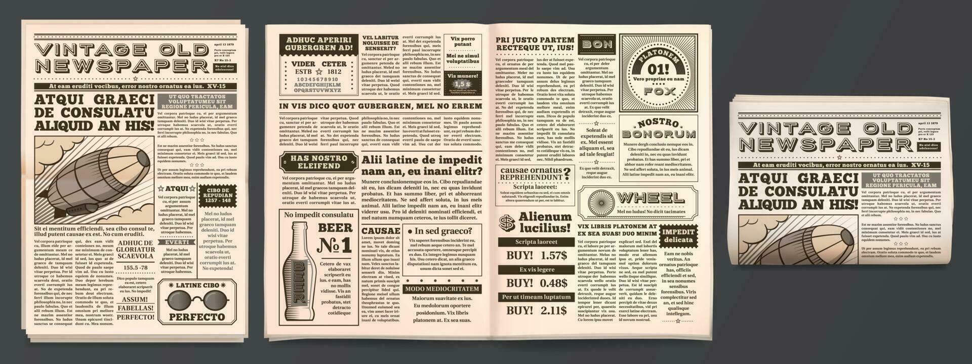 Jahrgang Zeitung Attrappe, Lehrmodell, Simulation. retro Zeitungspapier Seiten, Boulevardzeitung Zeitschrift und alt Nachrichten isoliert 3d Vektor Vorlage