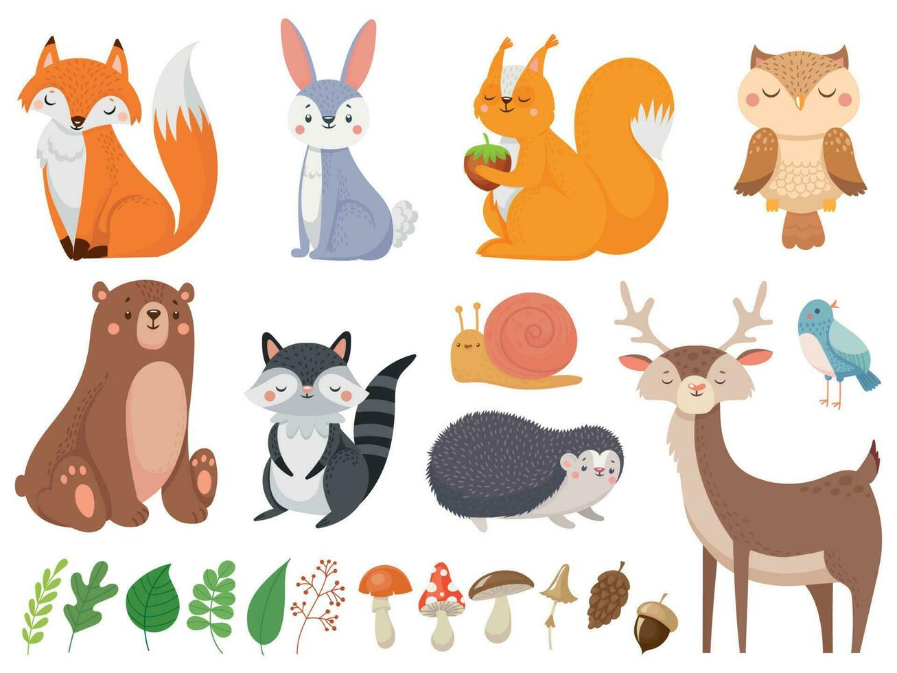 süß Wald Tiere. wild Tier, Wald Flora und Fauna Elemente isoliert Karikatur Vektor Illustration einstellen