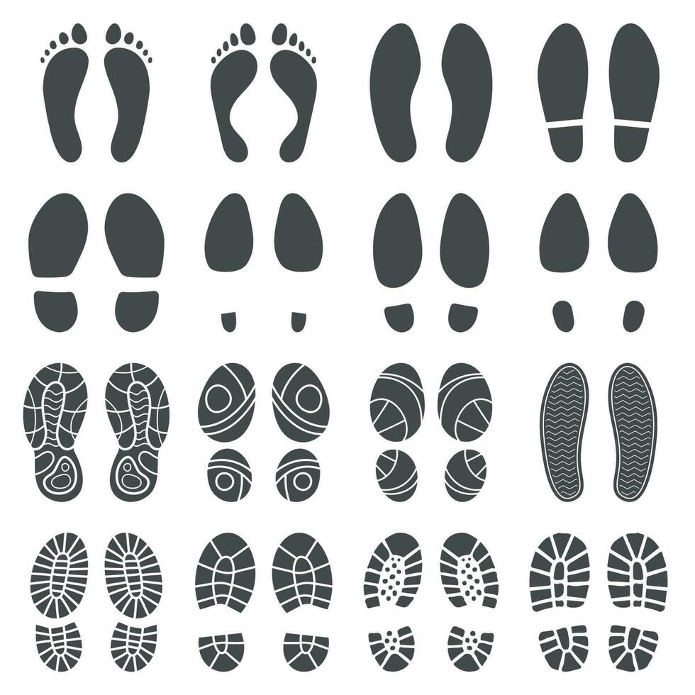 fotspår silhuetter. barfota steg grafik, stövlar steg och fot fötter skriva ut isolerat vektor silhuett illustration
