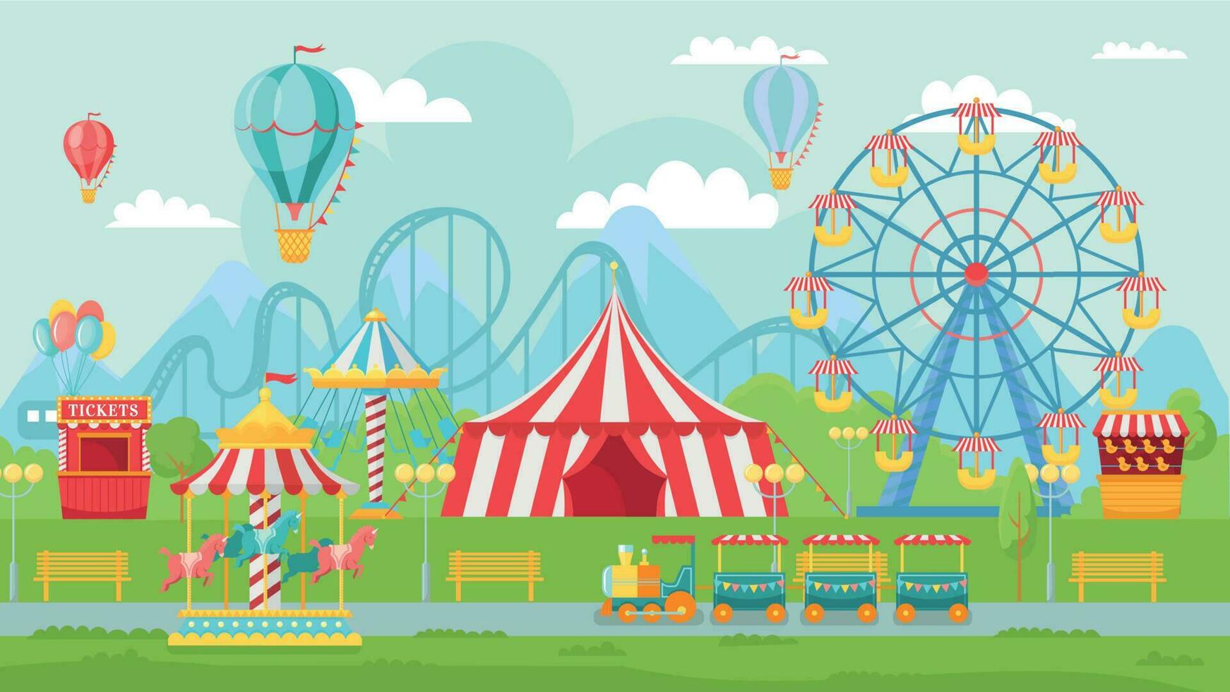 lustig Park Festival. Amüsement Sehenswürdigkeiten Landschaft, Kinder Karussell und Ferris Rad Attraktion Vektor Illustration