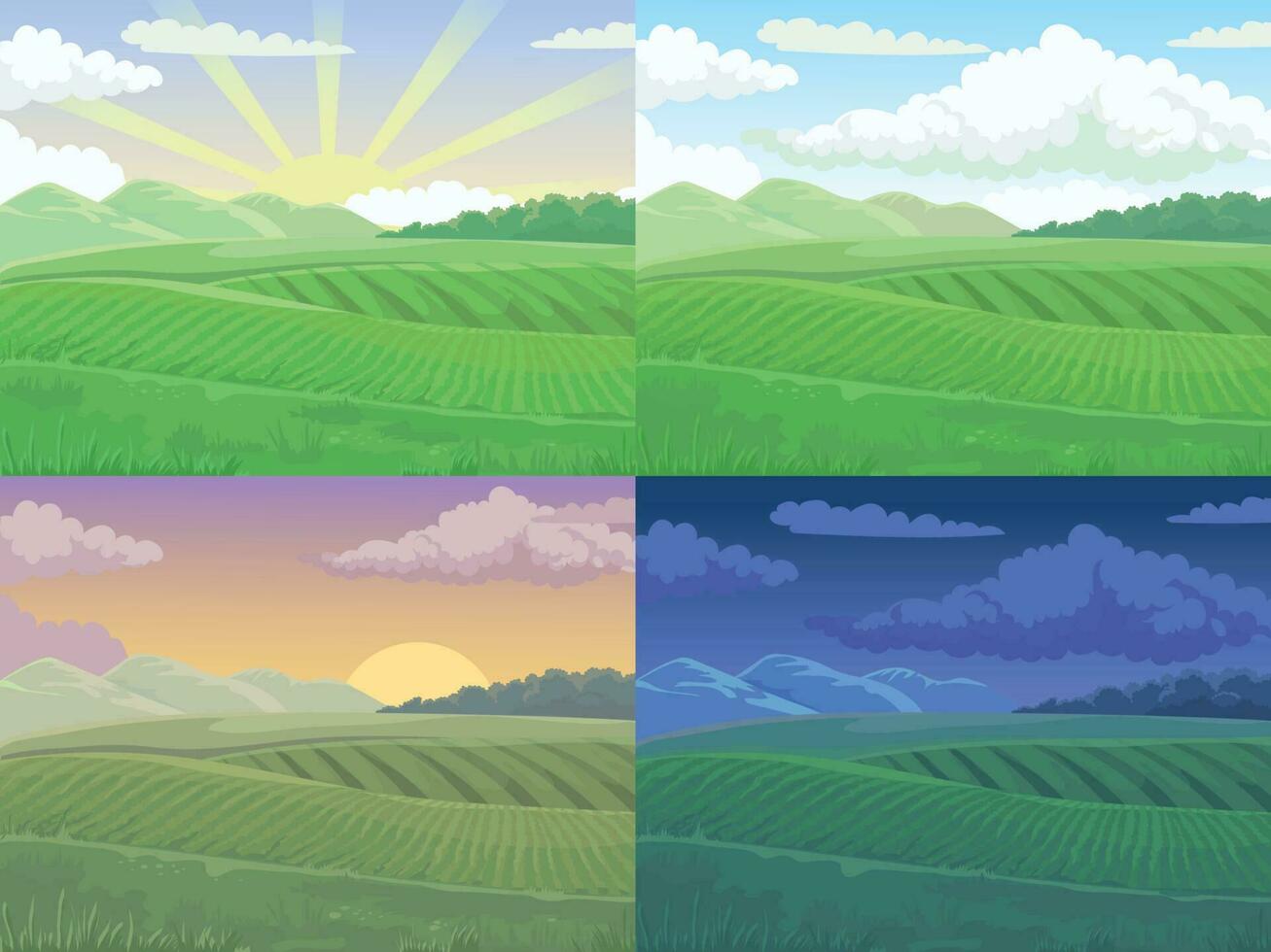 sommar fält. grön kulle, dagtid fält landskap och vår kullar tecknad serie vektor illustration bakgrund