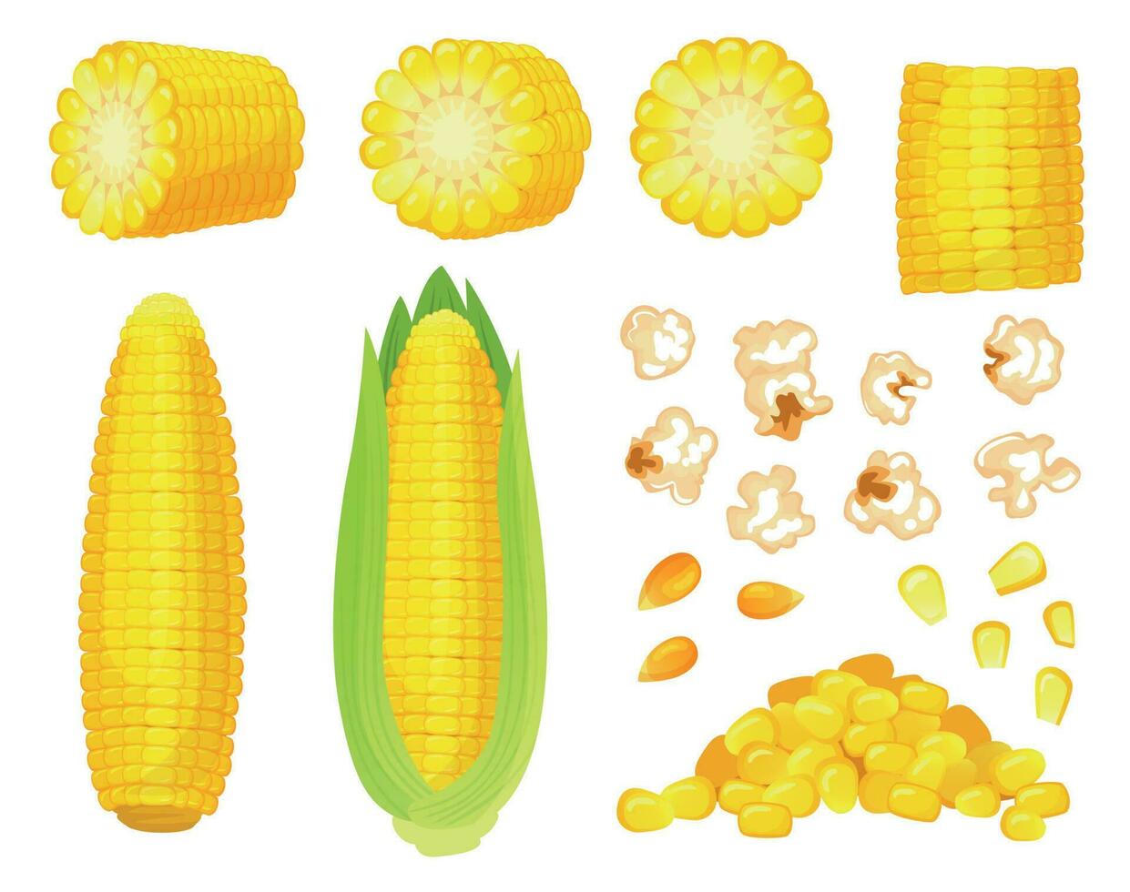 Karikatur Mais. golden Mais Ernte, Popcorn kitschig Körner und Süss Mais. Ohr von Mais, köstlich Gemüse Vektor Illustration einstellen