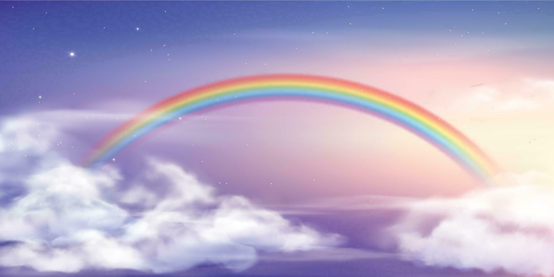 Fantasie Himmel Regenbogen. Fee Himmel Regenbögen Farben, Magie Landschaft und Traum Himmel Vektor Hintergrund Illustration