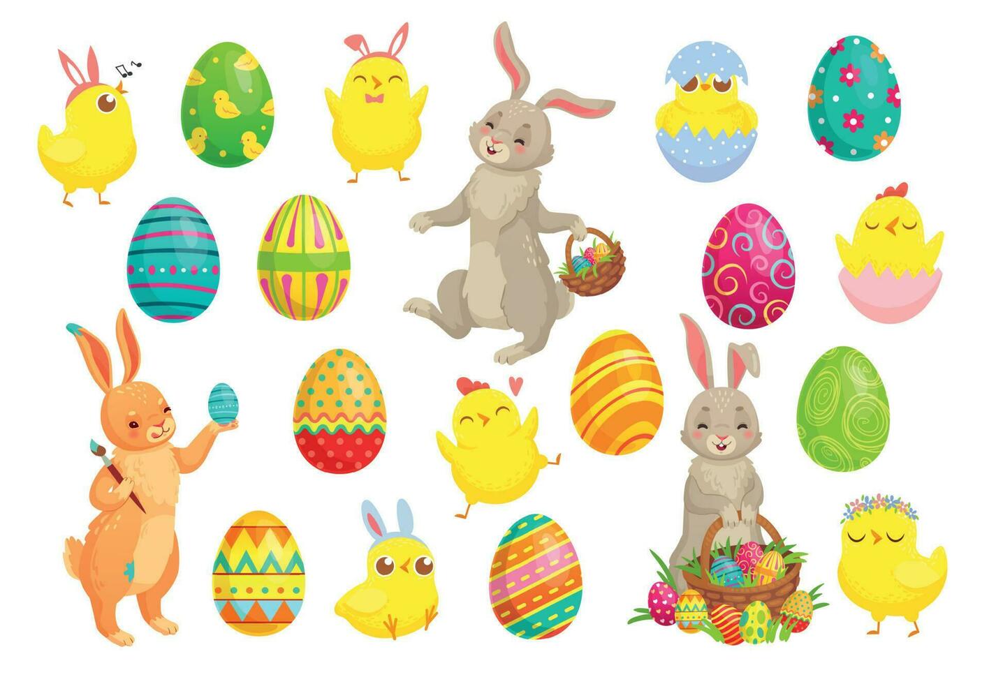 Ostern Hase Eier. süß Kaninchen, Frühling Küken und bunt Ei Vektor Illustration einstellen