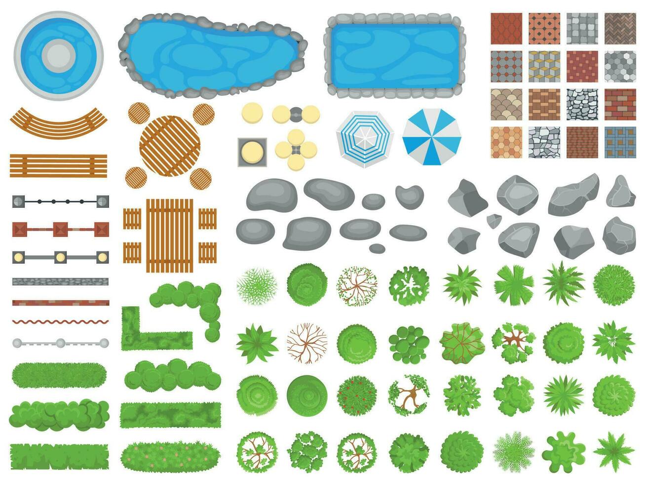 oben Aussicht Park Artikel. Garten Gehweg, draussen entspannend Parks Möbel und Gardens Bäume Antenne isoliert Vektor Illustration einstellen